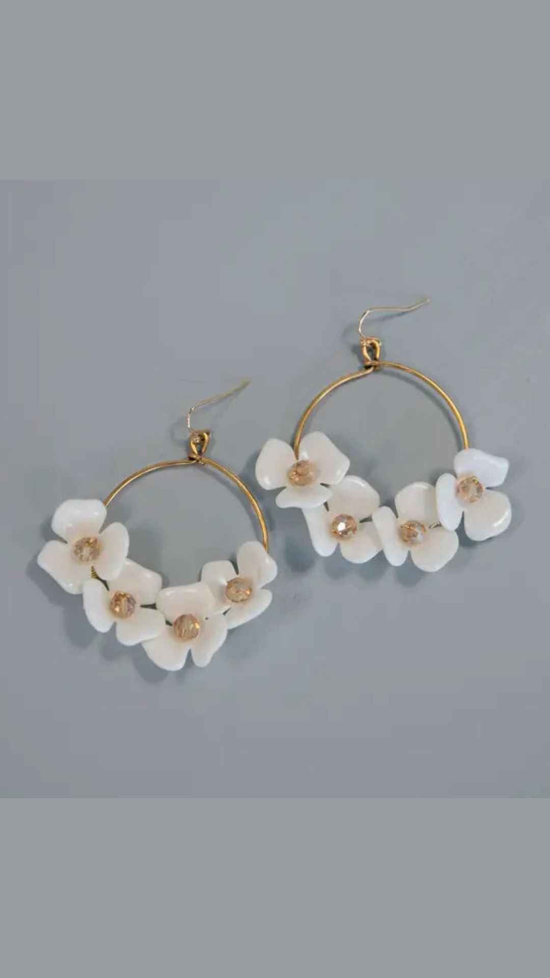 White Floral and Gold Hoop Earrings