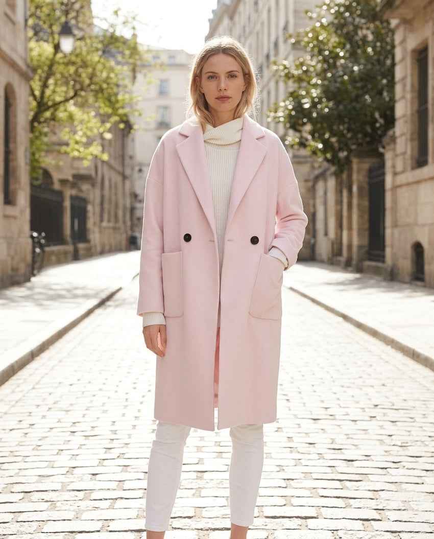 Publisher Double-Breasted Wool Blend Coat in soft blush pink, featuring a relaxed longline silhouette, notched lapel collar, double-breasted button detailing, and oversized patch pockets, styled over a cream knit sweater and white pants while standing on a sunlit cobblestone city street.