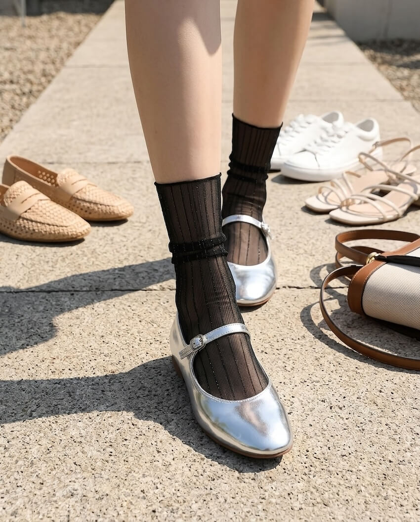 Sparkle Pinstripe Sheer Socks featuring transparent sheer mesh construction with subtle glitter pinstripe detailing and a soft stretch crew fit, worn with metallic Mary Jane flats outdoors, highlighting lightweight elegance and modern fashion styling.
