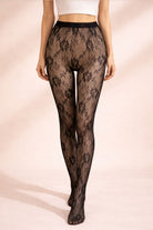 Sheer Floral Lace Tights featuring a bold floral lace pattern and high waist design, styled against a clean studio background, highlighting the detailed texture and flattering shape.