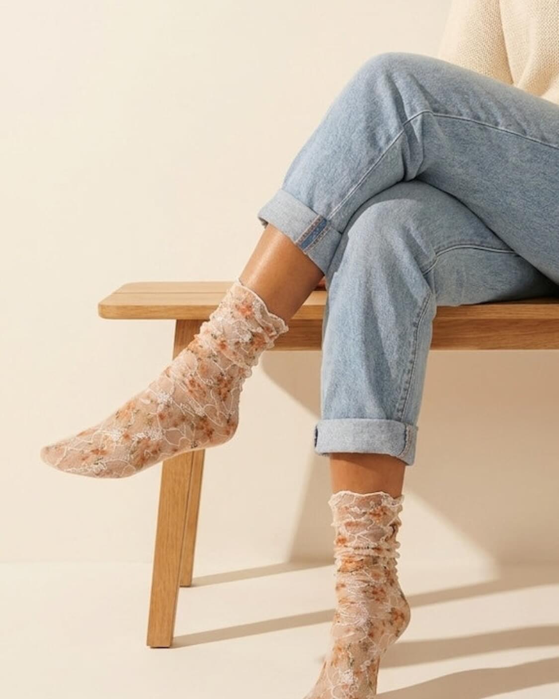 Sheer floral ankle socks with delicate orange embroidery – lightweight feminine transparent fashion socks for women