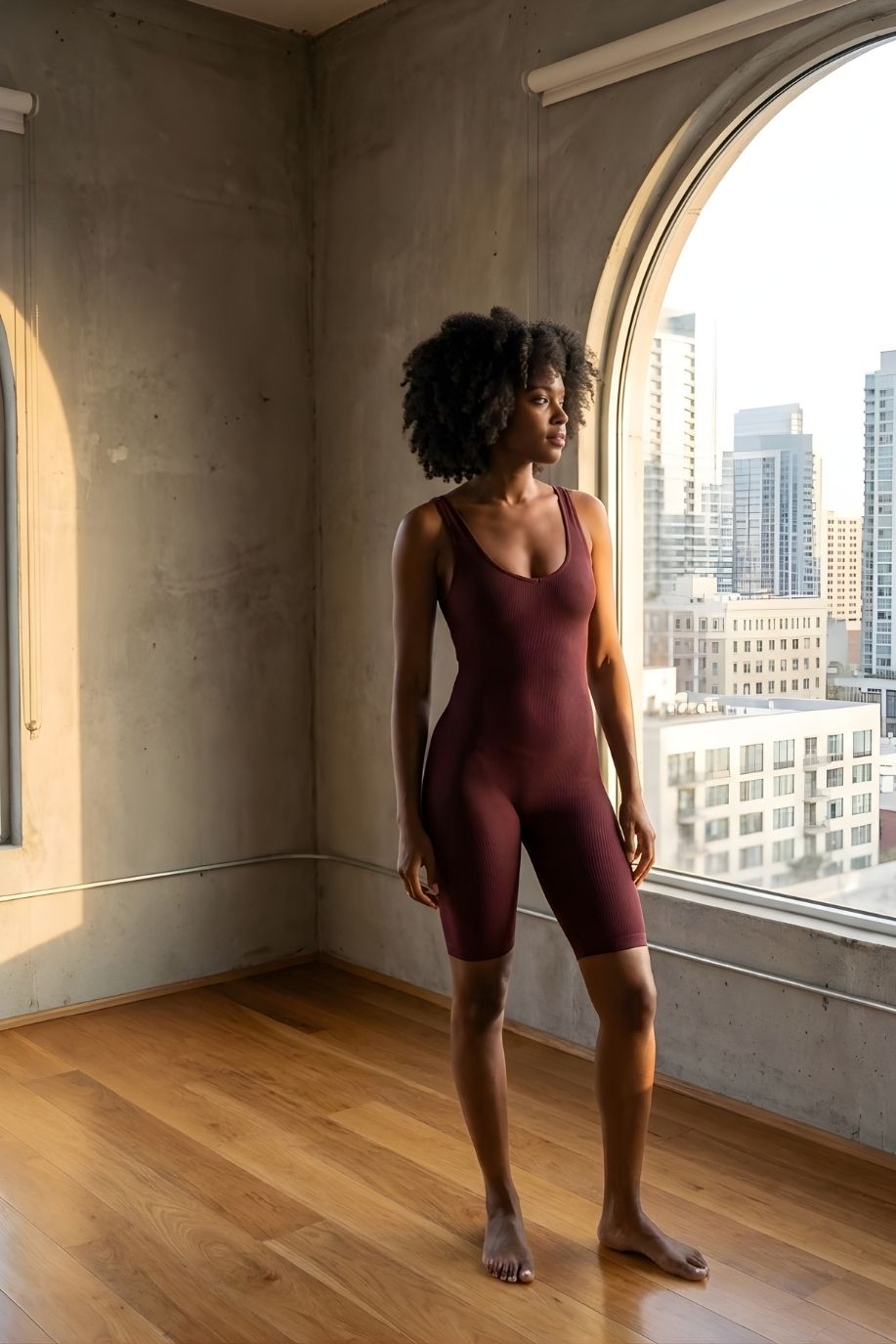 Burgundy Back On Onesie featuring a ribbed texture and supportive, form-fitting design, styled indoors by a large window with city views.