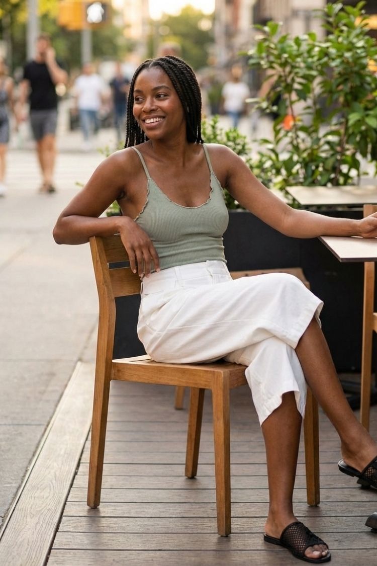 Forever Young Cami, ribbed cami in sage green with scalloped neckline, styled with a white midi skirt and black woven slides at an outdoor café, showcasing the effortless drape and everyday wearability.