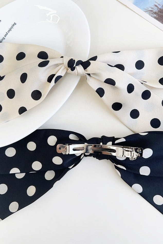 Navy Blue and Ivory Polka Dot Ribbon Bow French Barrette Clip