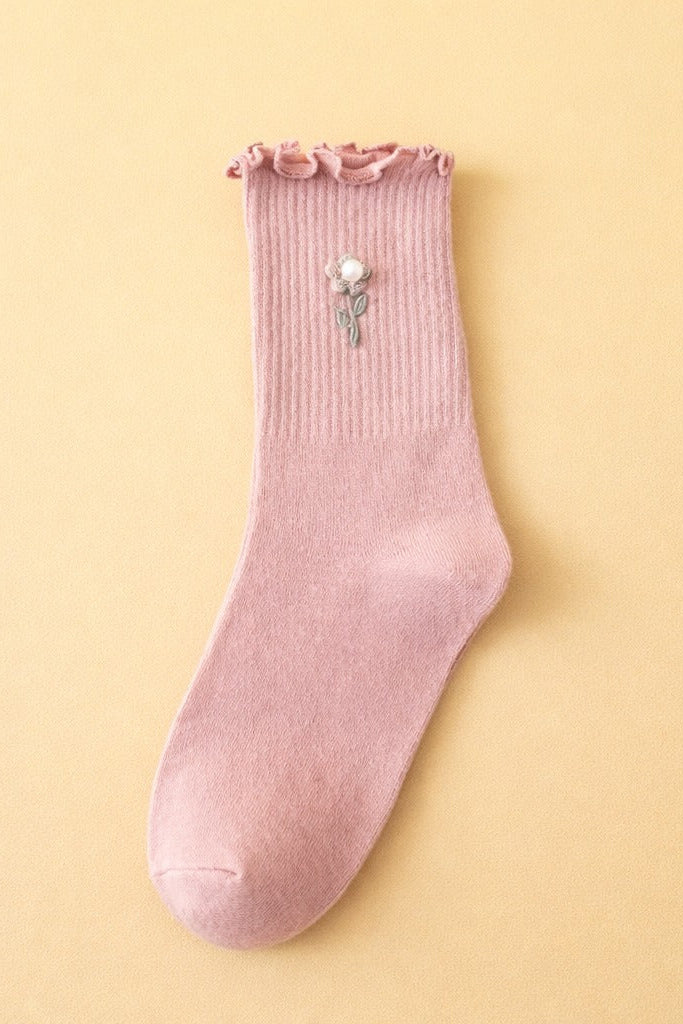 Blush pink ribbed ruffle crew socks with pearl rose detail