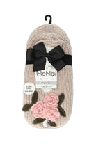 Coming Up Roses chenille slippers with pink crochet rose detail and soft sherpa lining, shown from top view 3