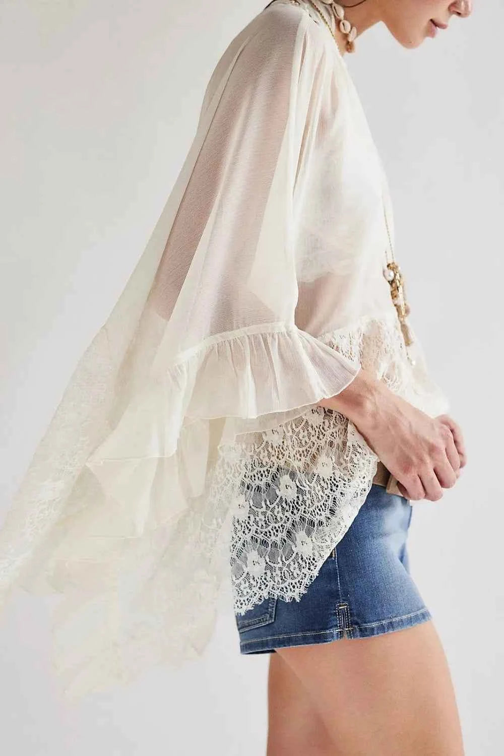 Lace Ruffle Long Sleeve Cover-Up