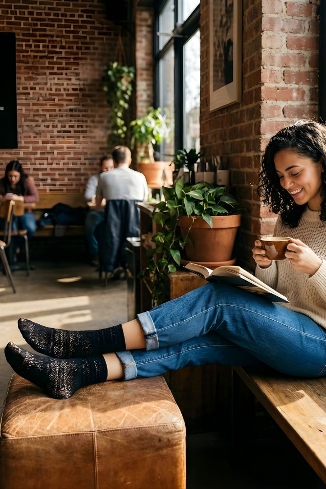 Lace Pattern Sheer Sock featuring sheer black lace pattern socks styled indoors while seated in a relaxed setting, highlighting comfort, flexibility, and casual daily wear appeal.