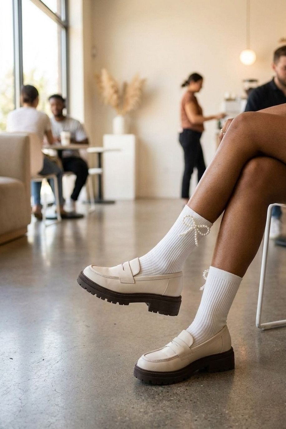 Pearl Bow Classic Ribbed Crew Socks featuring a flexible ribbed crew length with pearl bow detailing, styled with chunky loafers while seated in a bright café setting, highlighting a dressy everyday feel and comfortable structured fit.