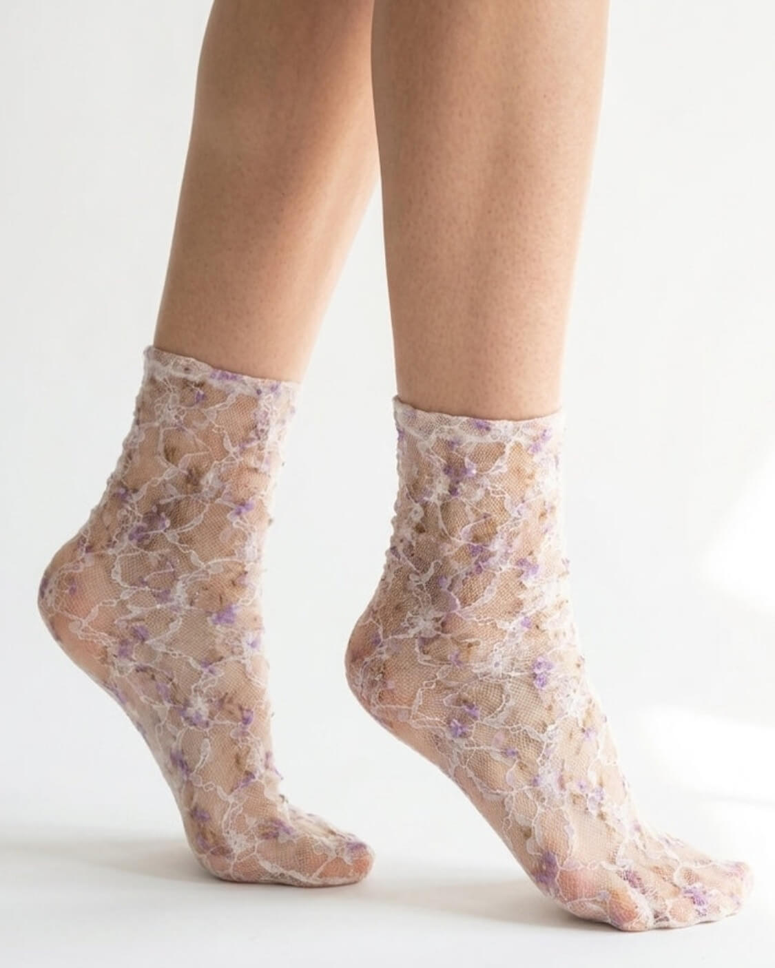 Sheer floral ankle socks with delicate purple embroidery – lightweight feminine transparent fashion socks for women