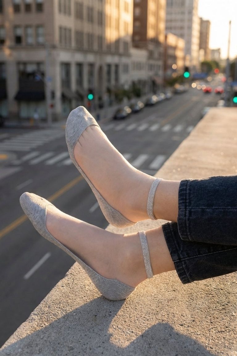 Glitter Rim Sheer Crew Socks, outdoor city view showing sheer ankle socks with shimmer cuff styled with casual footwear while seated above a street scene in natural sunlight.