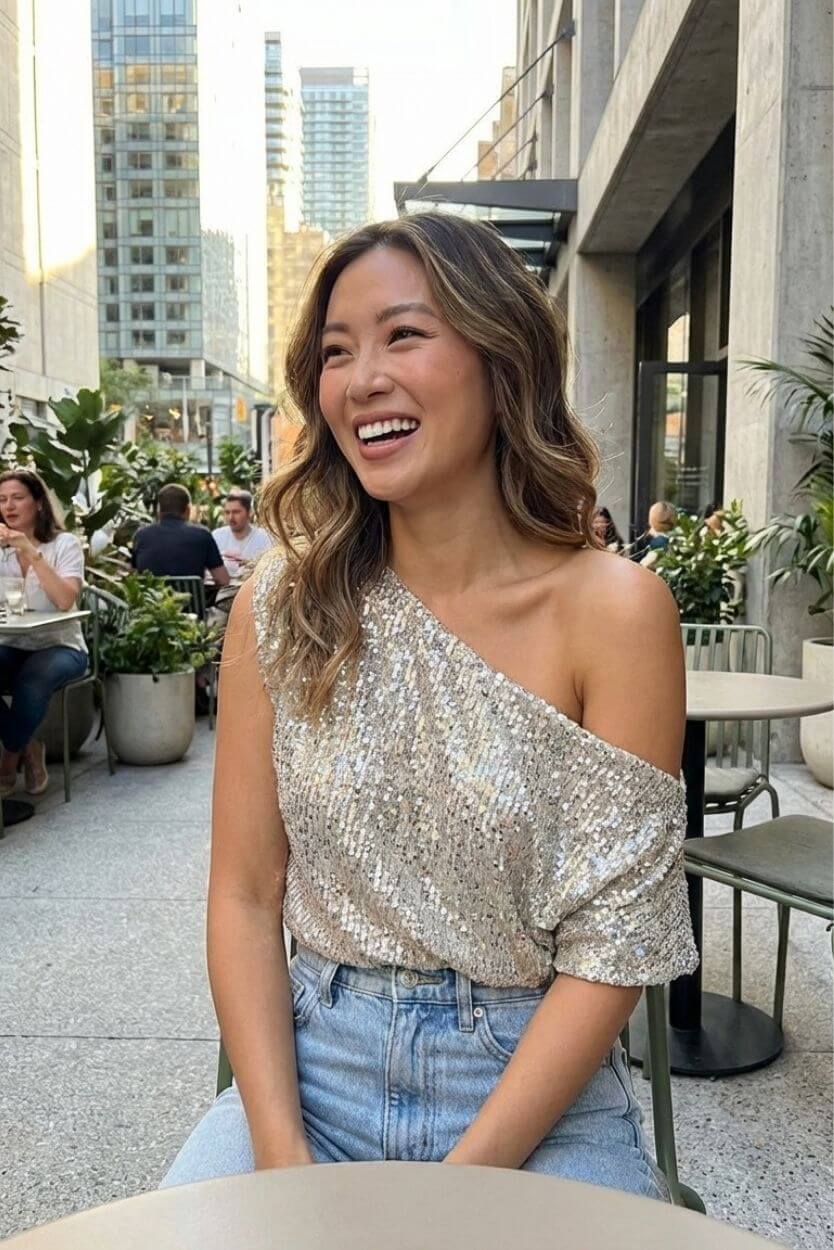 Premiere Night Top one shoulder sequin top styled at an outdoor dining setting with urban background, paired with high waist jeans, highlighting the soft drape and easy going evening style.