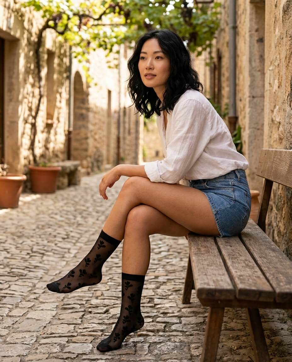 Floral Sheer Socks in Black featuring a transparent floral pattern, ankle-height fit, and smooth top band, worn while seated on a wooden bench in a stone alley, highlighting relaxed styling with delicate texture.