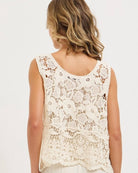 Crochet Lace Tank Top featuring a cream floral crochet lace design with scalloped hem, shown from the back on a model highlighting the lace pattern and cut, studio rear view.