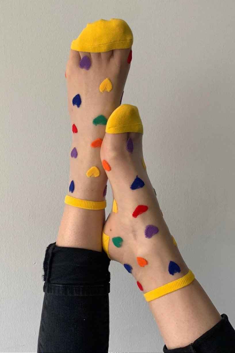 Sheer Ankle Heart Socks Yellow Multicolor - Love Classic