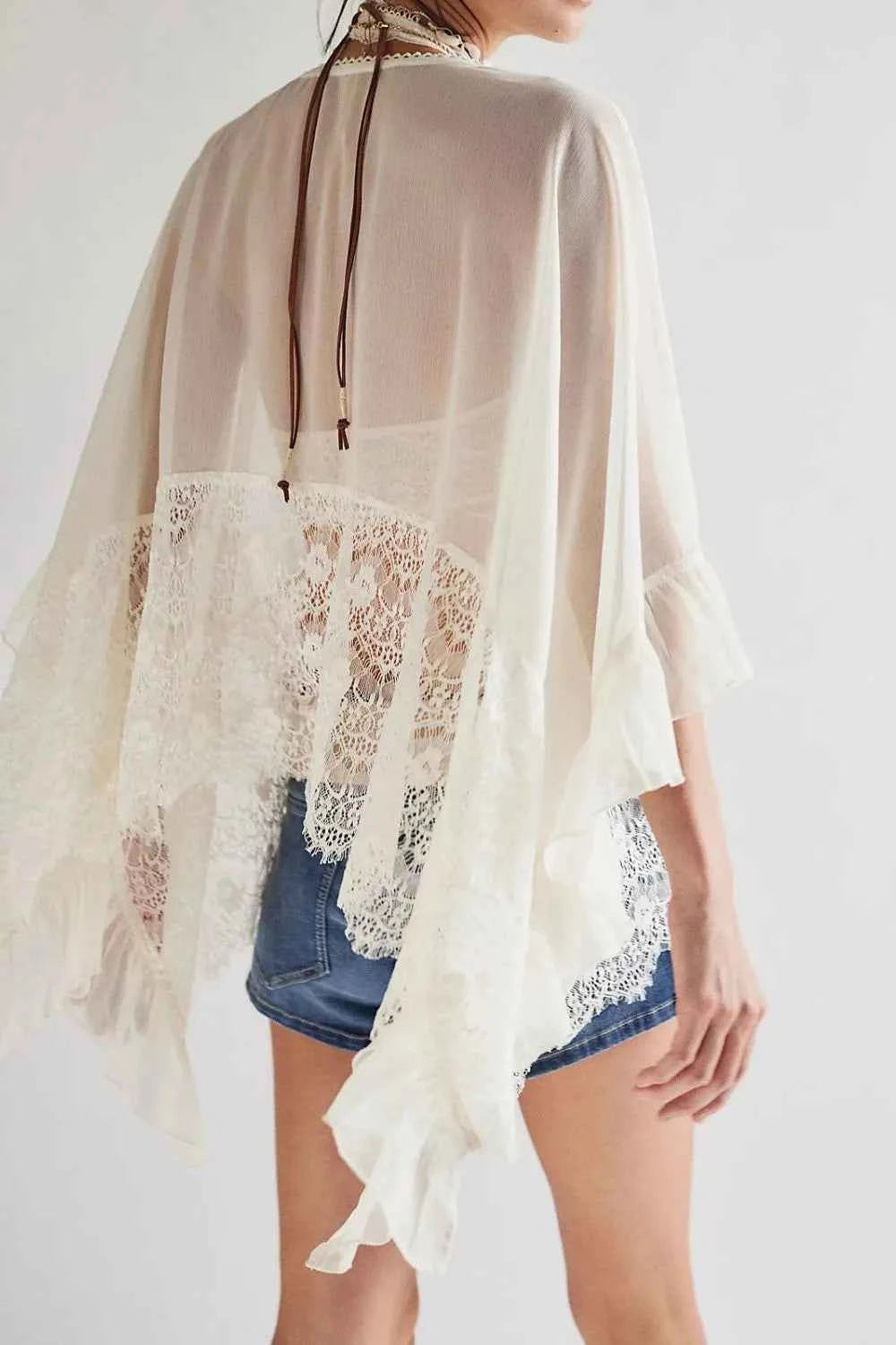Lace Ruffle Long Sleeve Cover-Up