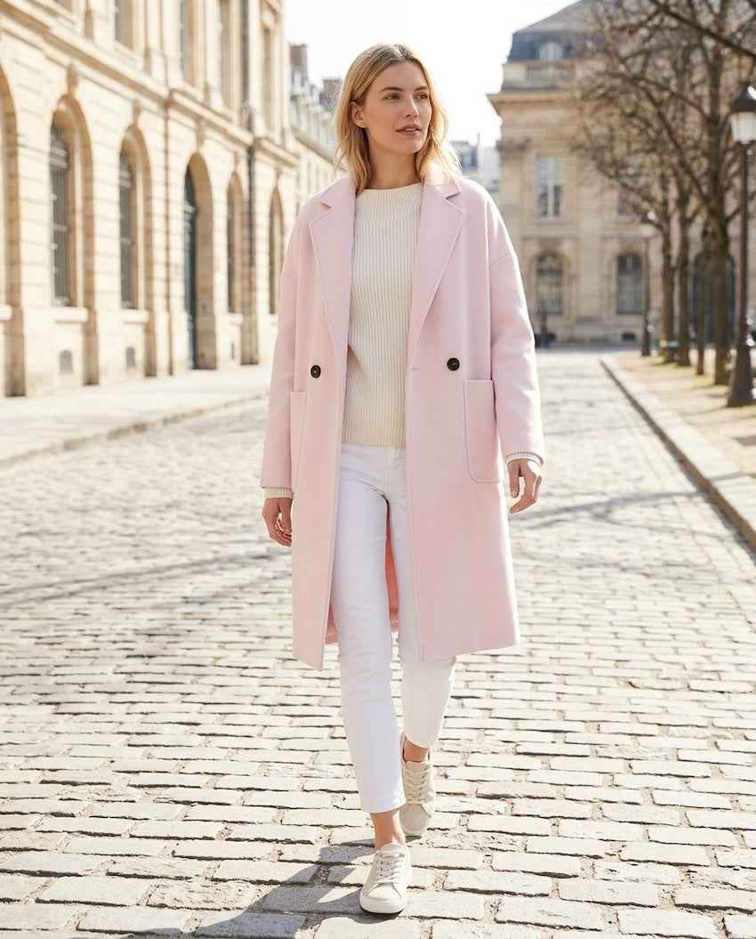 Publisher Double-Breasted Wool Blend Coat in blush pink with a long relaxed fit, notched lapel collar, double-breasted button accents, and oversized patch pockets, worn with a cream sweater, white pants, and sneakers while walking along a charming cobblestone street in daylight.