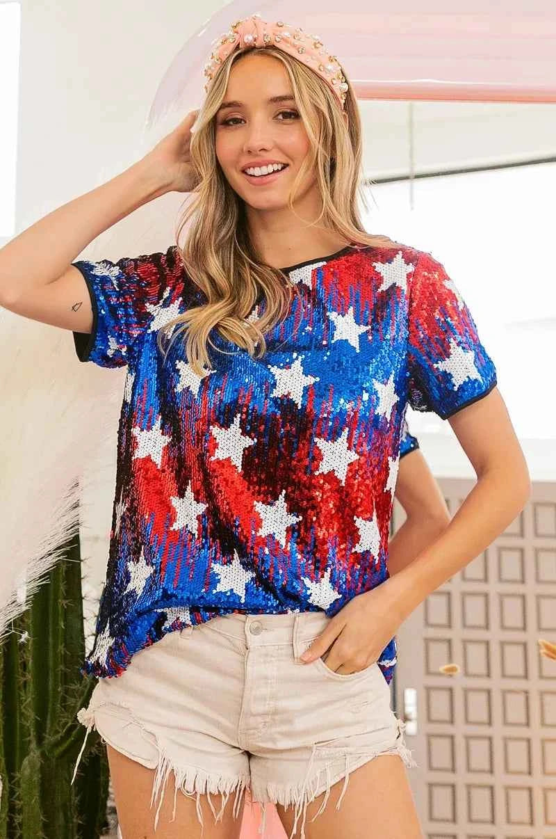 American Theme Star Pattern Sequin Top - Love Classic