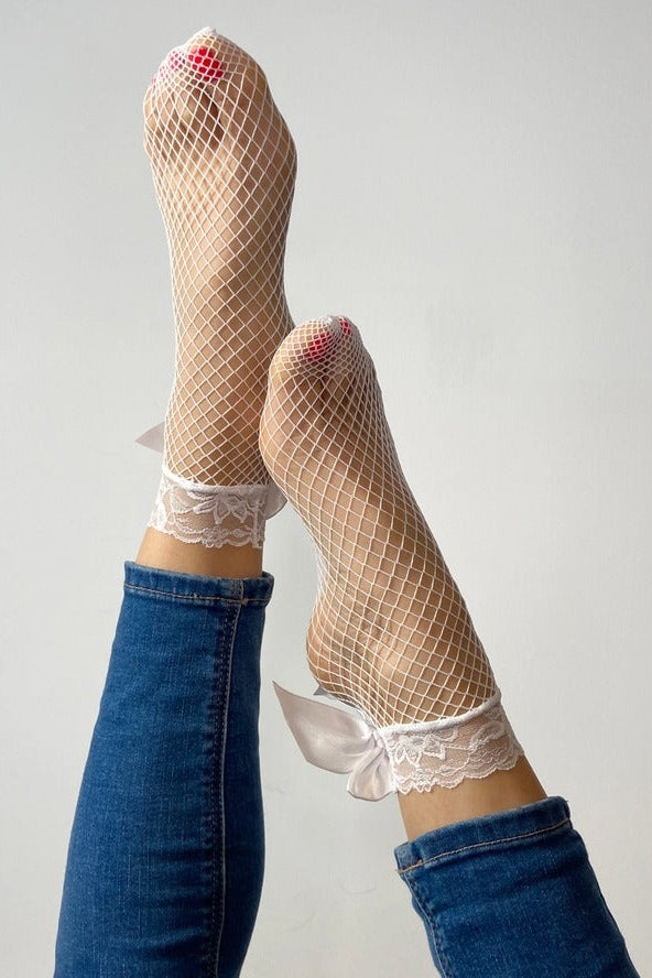 Candice White Fishnet and Lace Ankle Socks 2