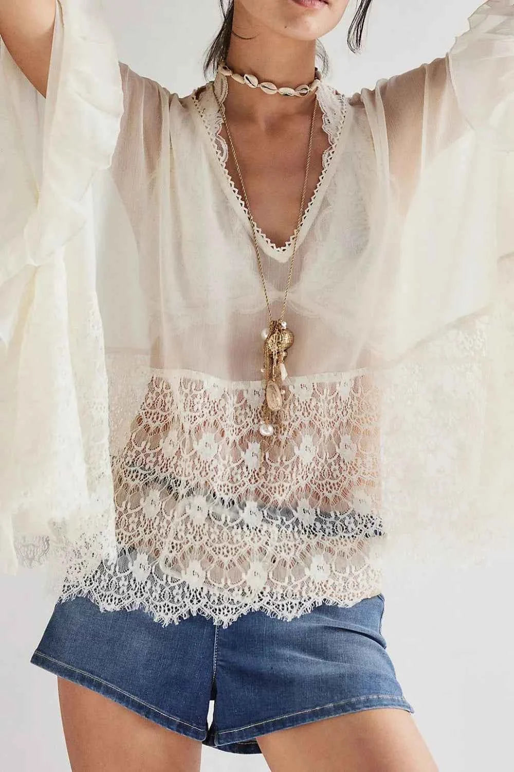 Lace Ruffle Long Sleeve Cover-Up