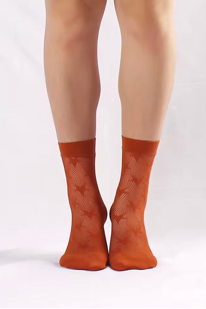 Stylish burnt sienna mesh crew socks with star design for women