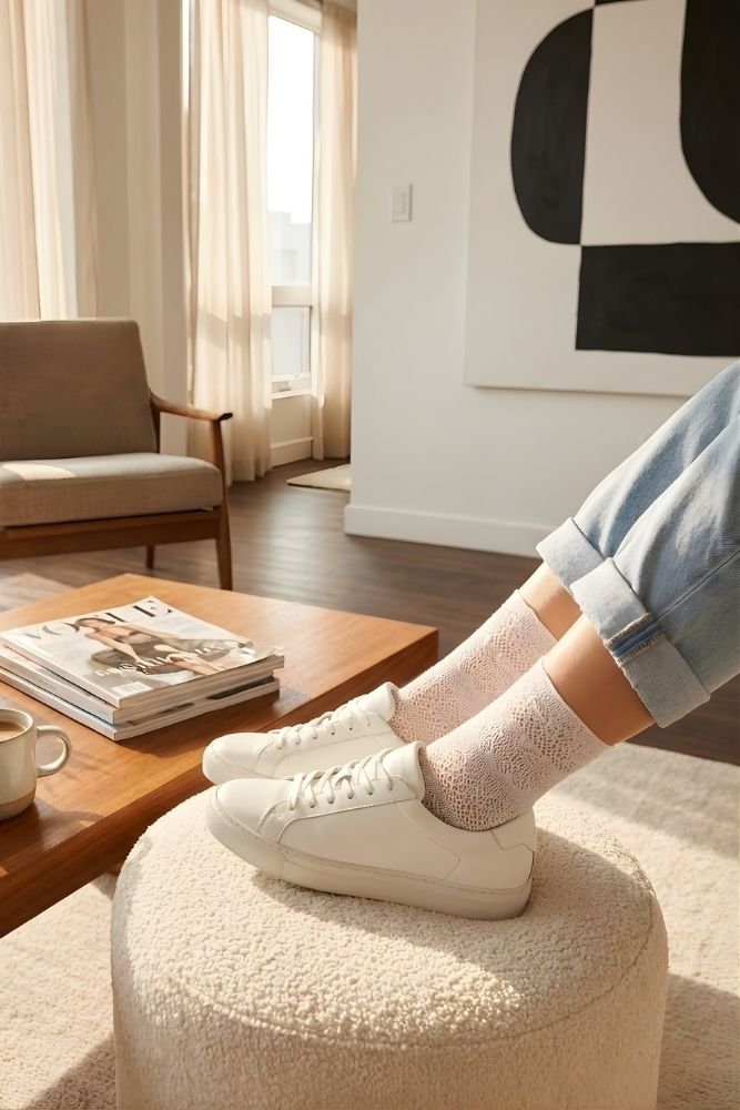 Lace Pattern Sheer Sock featuring sheer white lace pattern socks worn on crossed legs against a neutral studio background, highlighting delicate knit texture, flexible fit, and breathable everyday comfort.