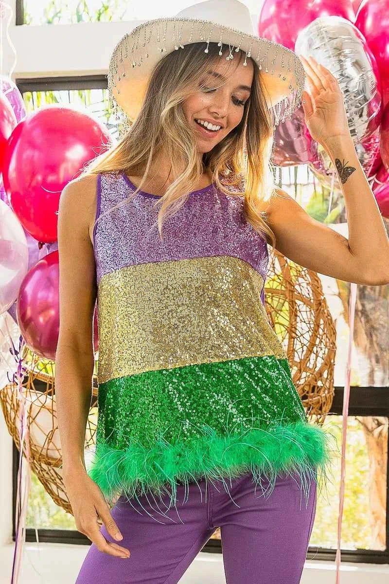 Faux Feather Hem Sequin Top - Love Classic 6