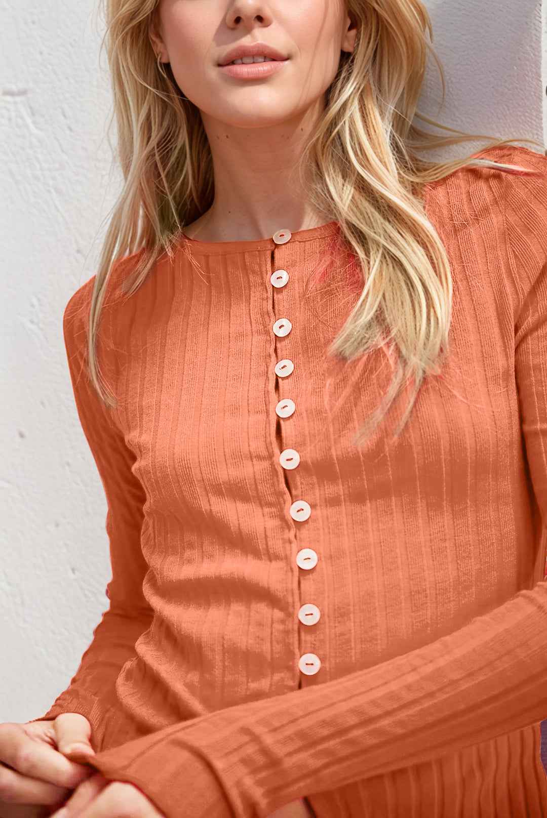 Ribbed Button Up Long Sleeve Top