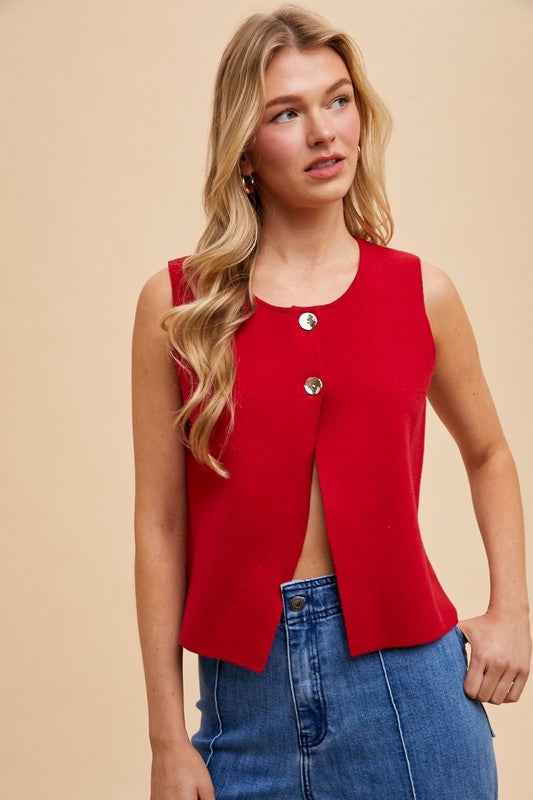 Metal Button Detail Crop Sweater Vest