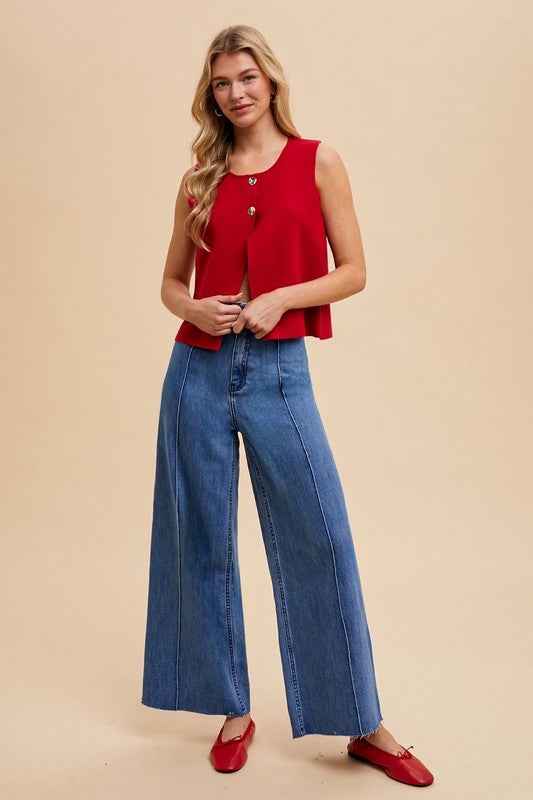 Metal Button Detail Crop Sweater Vest