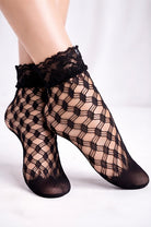 Black lace-trim fishnet ankle socks with diamond net pattern, sheer fashion socks for women 1
