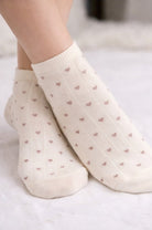 Cream ankle socks with small heart print, soft cotton women’s socks in neutral beige 1
