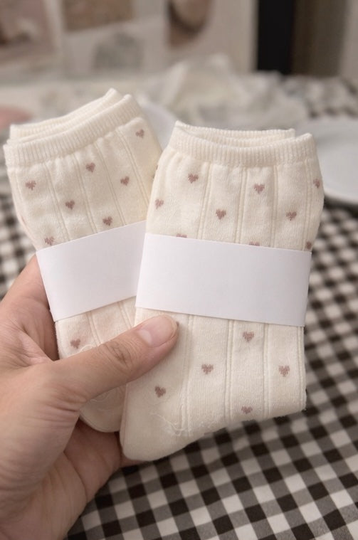 Cream ankle socks with small heart print, soft cotton women’s socks in neutral beige 2