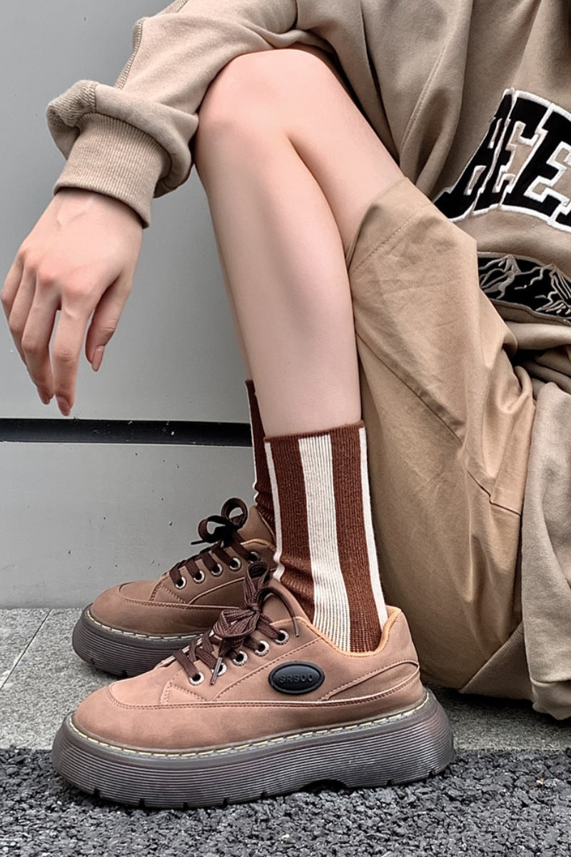 Contrast Striped Crew Socks Chocolate - Love Classic 4