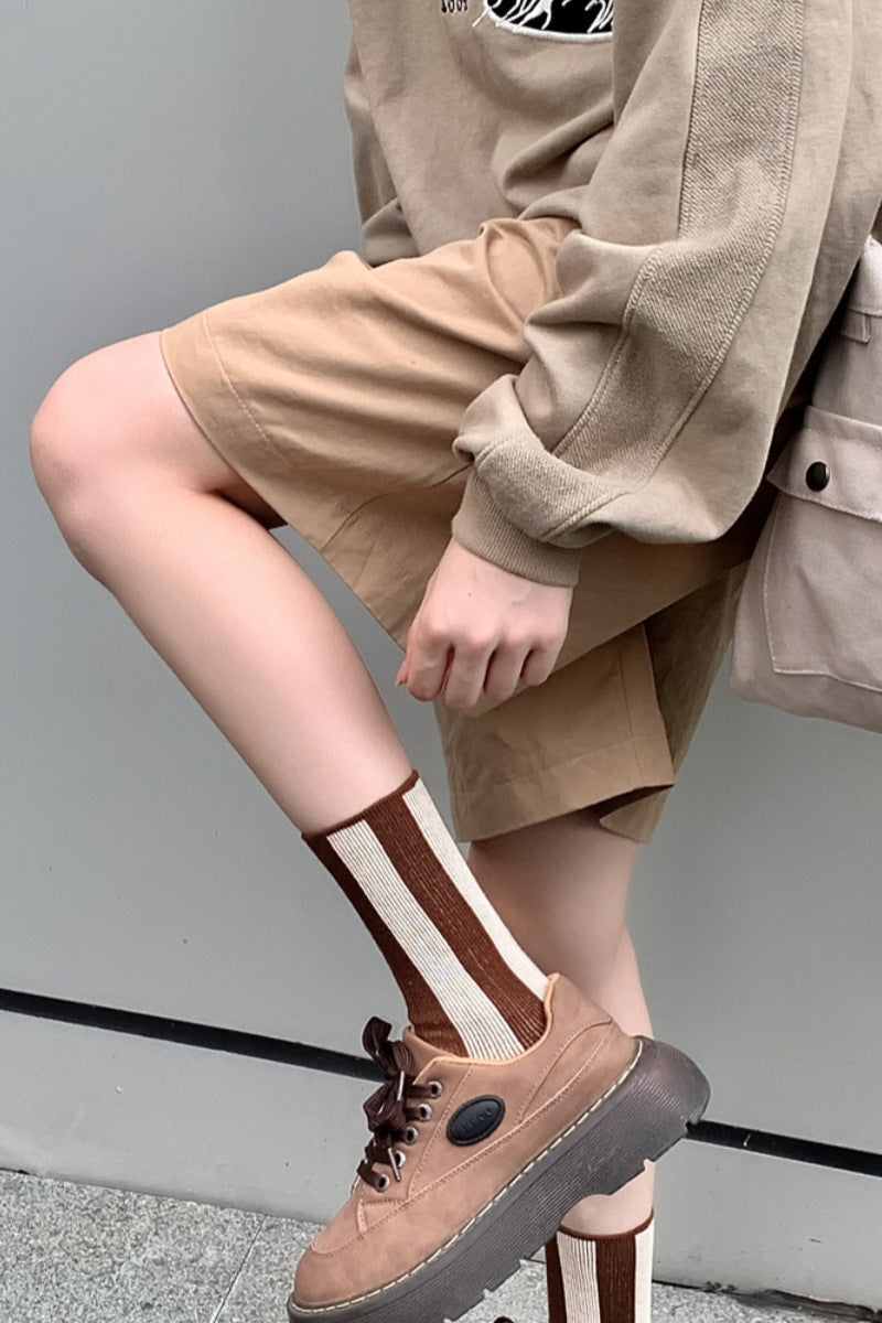 Contrast Striped Crew Socks Chocolate - Love Classic 5