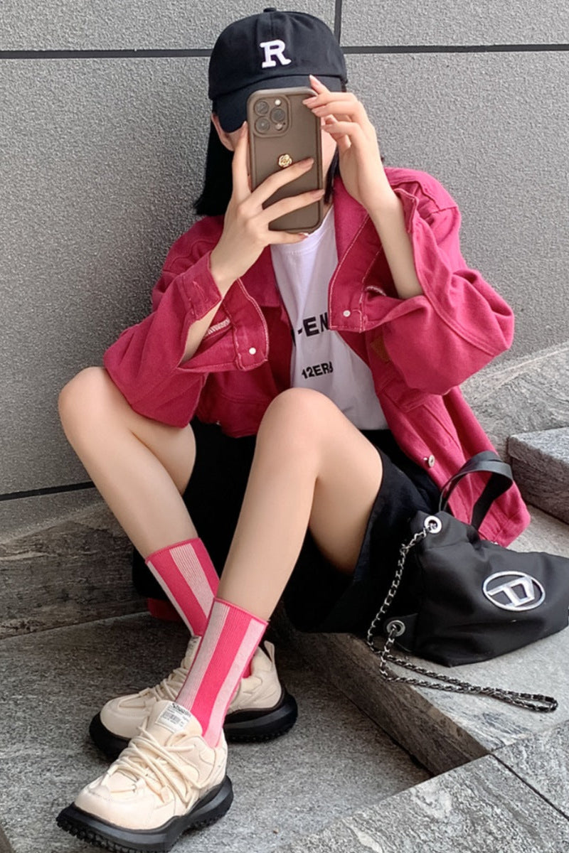 Contrast Striped Crew Socks Pink - Love Classic 3