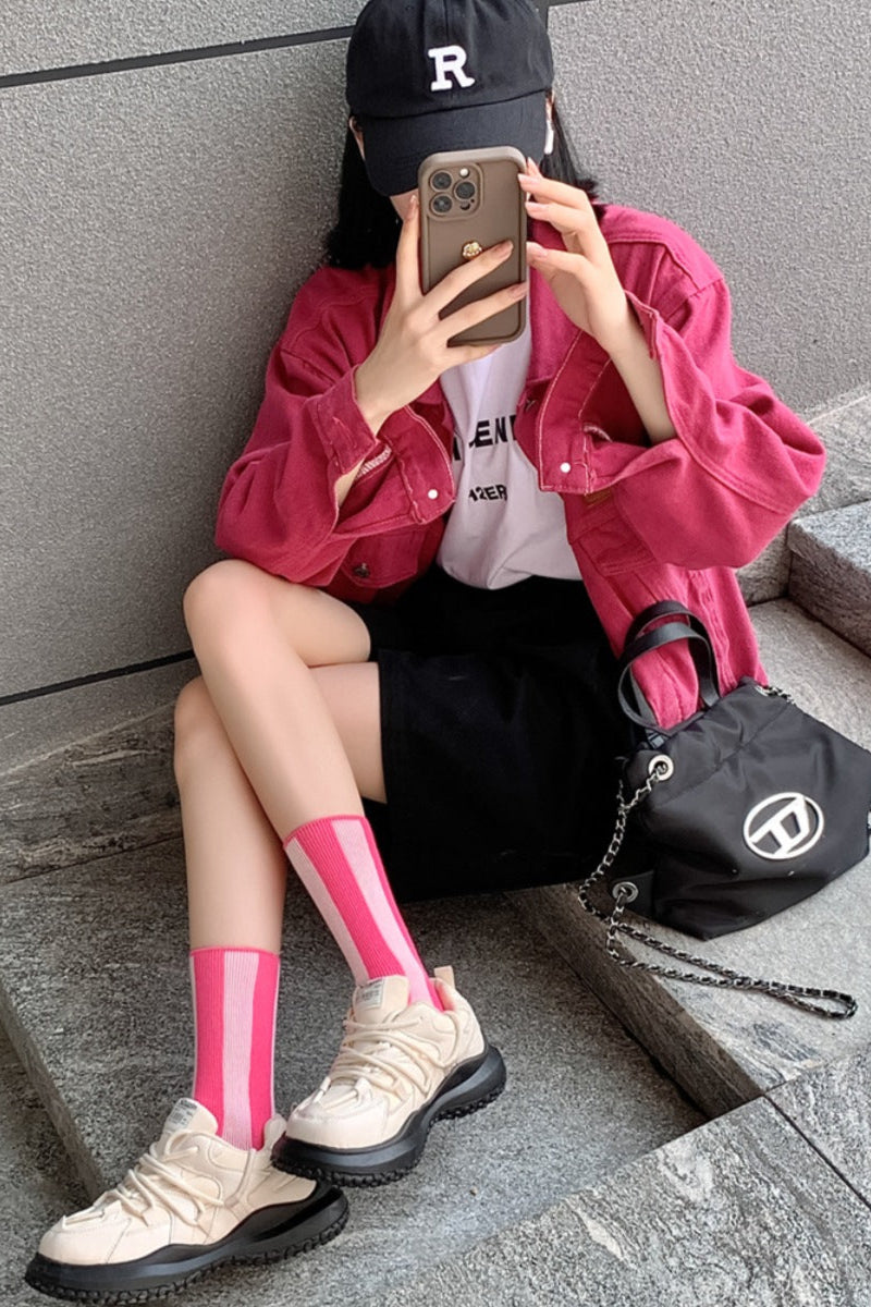 Contrast Striped Crew Socks Pink - Love Classic