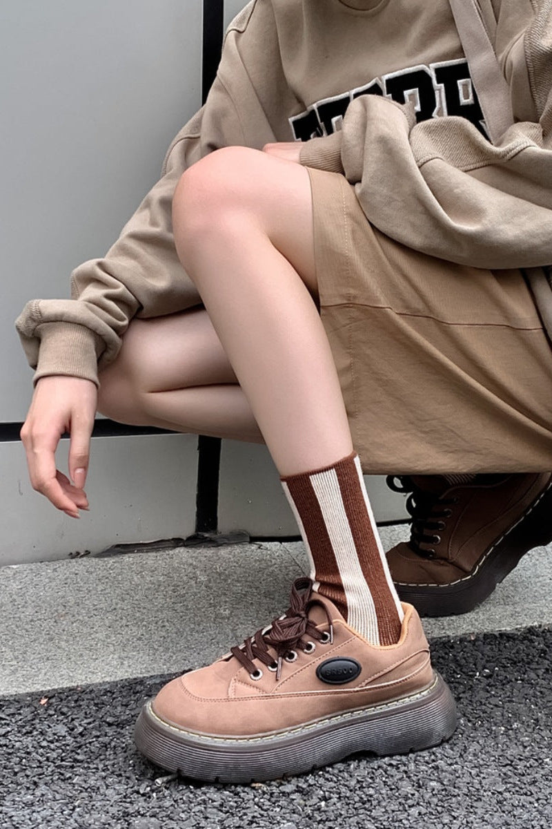 Contrast Striped Crew Socks Chocolate - Love Classic 2