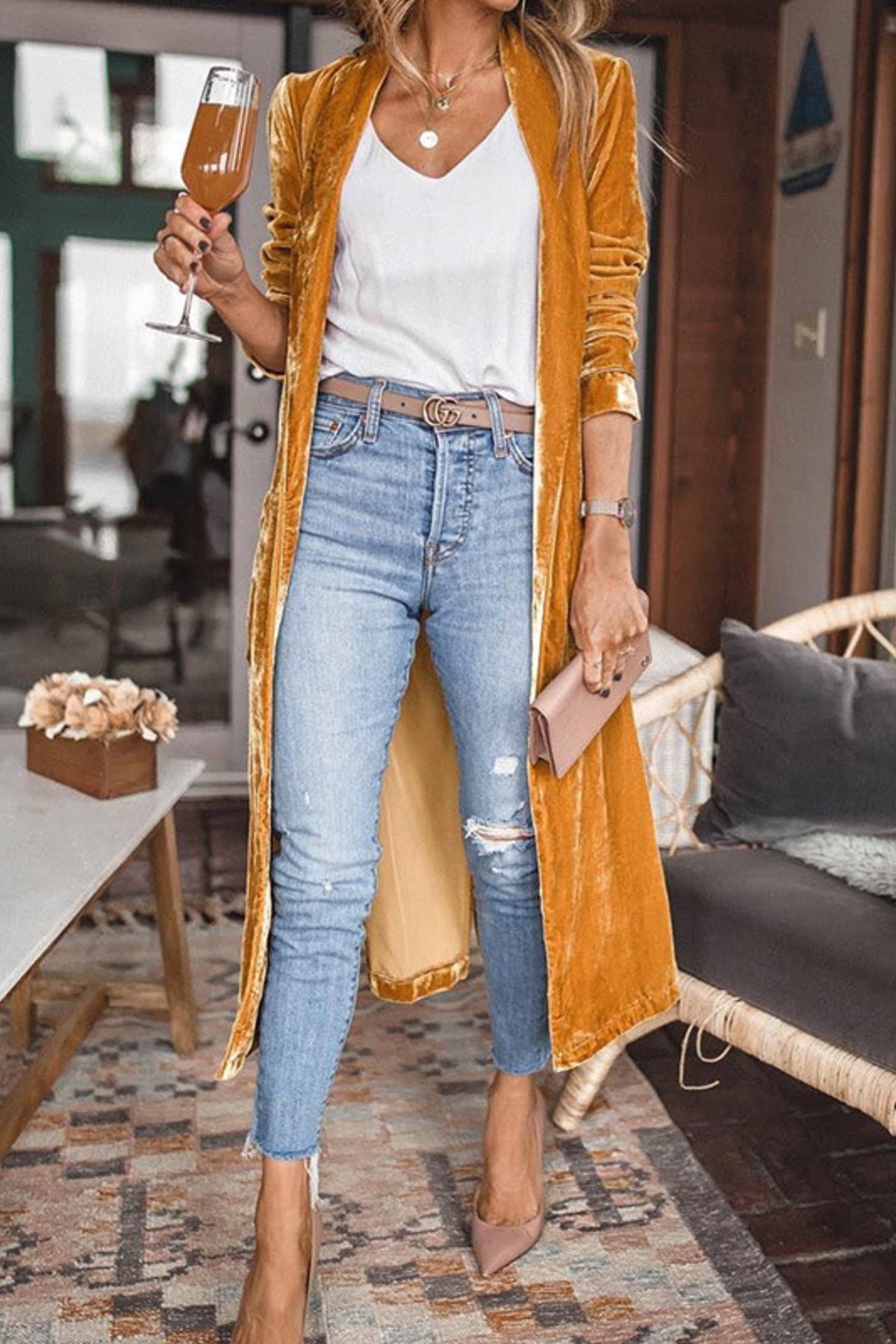 Open Front Long Sleeve Longline Cardigan Gold