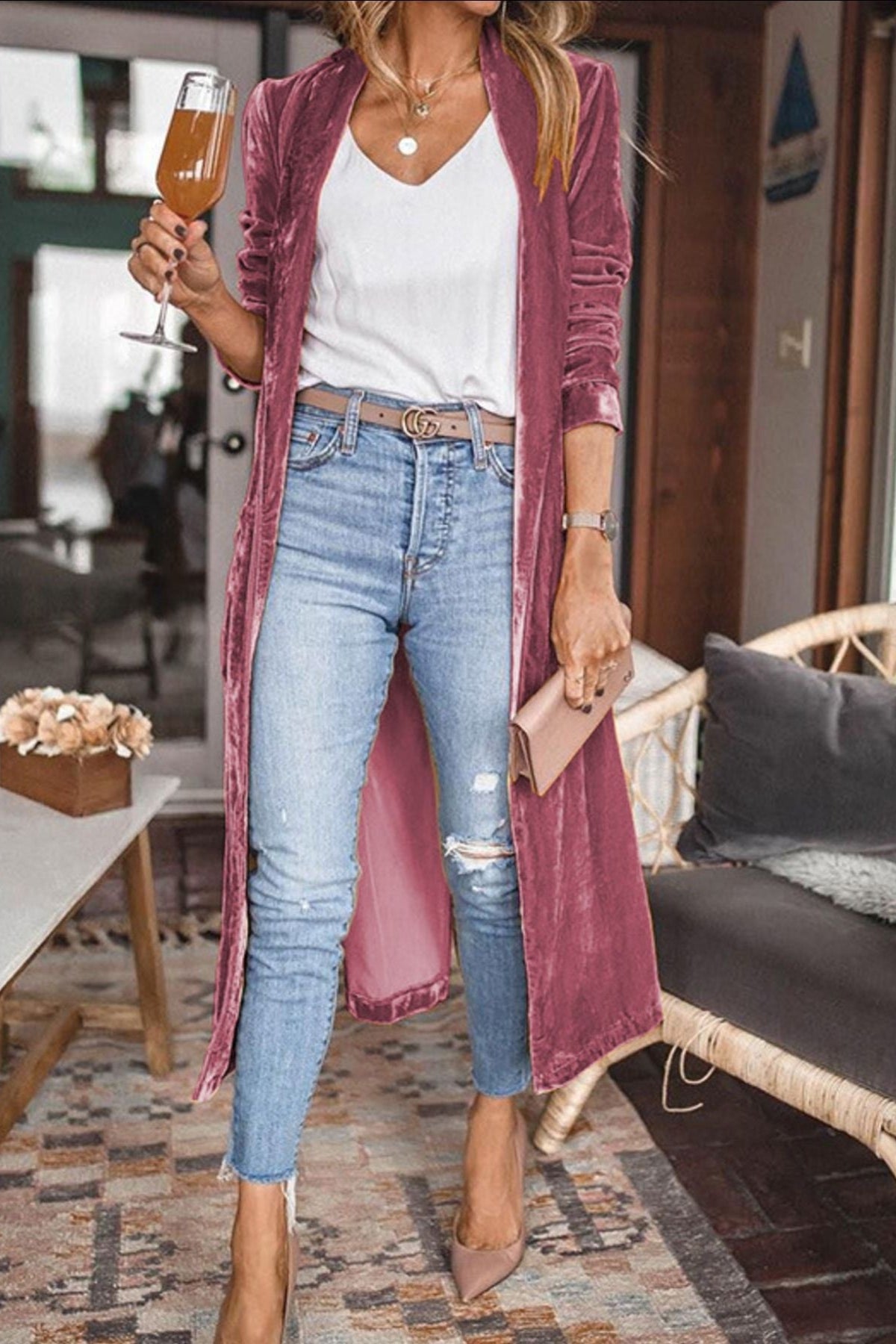 Open Front Long Sleeve Longline Cardigan Cerise