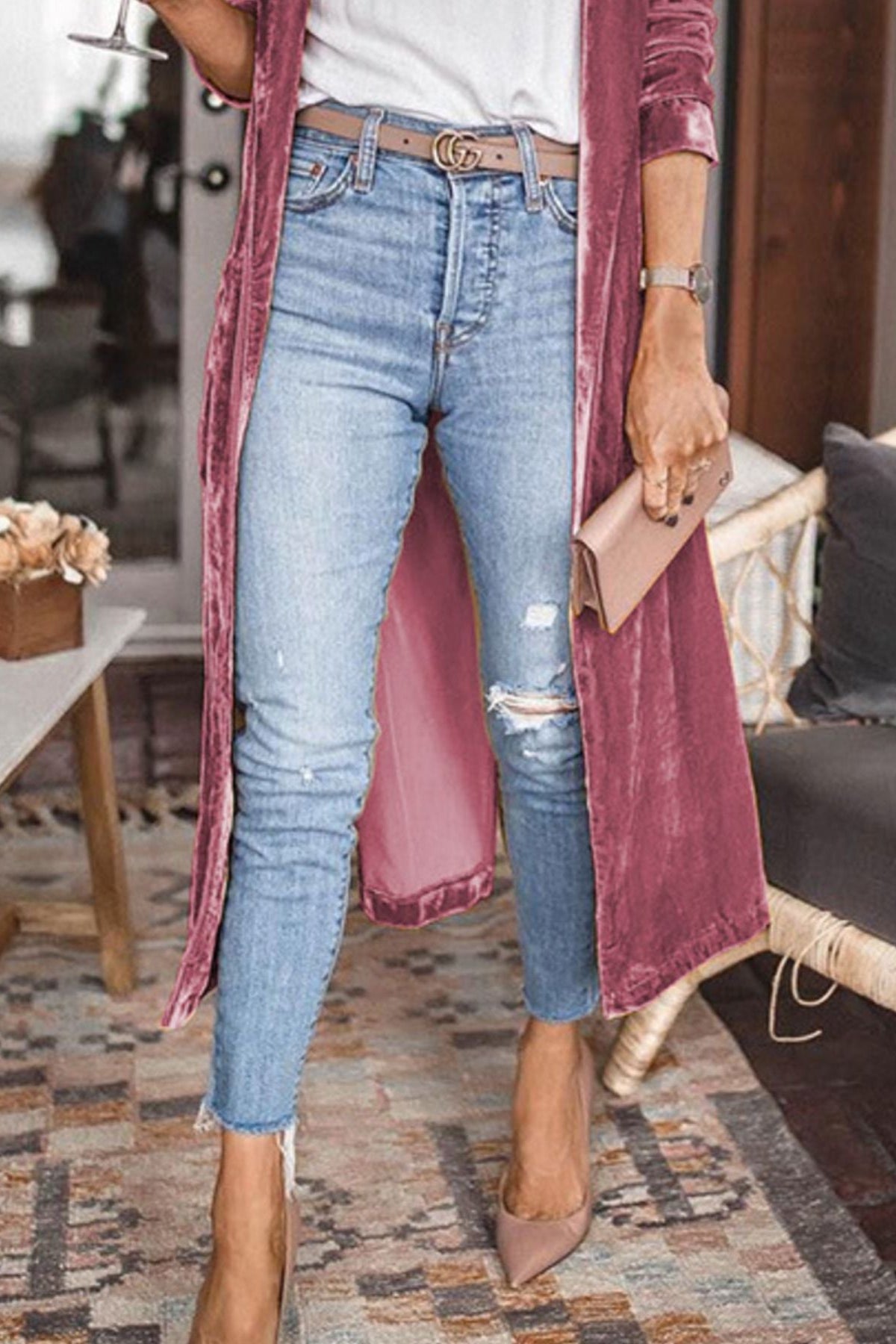 Open Front Long Sleeve Longline Cardigan Cerise 3