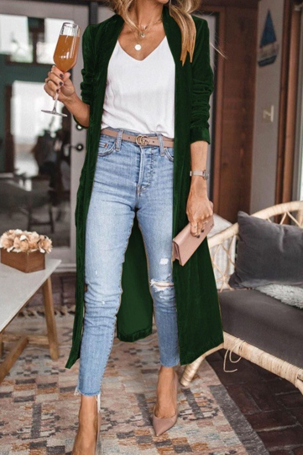 Open Front Long Sleeve Longline Cardigan Green