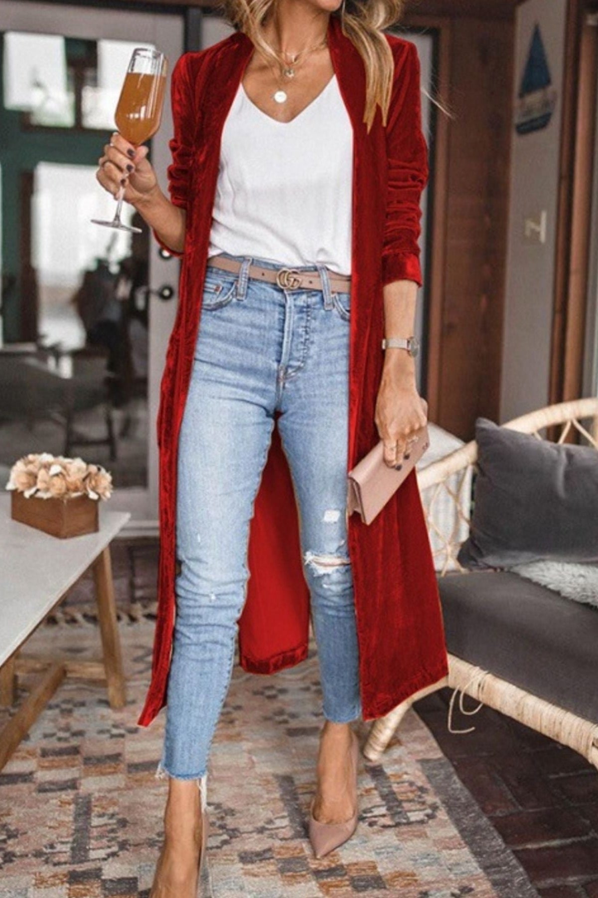 Open Front Long Sleeve Longline Cardigan Red