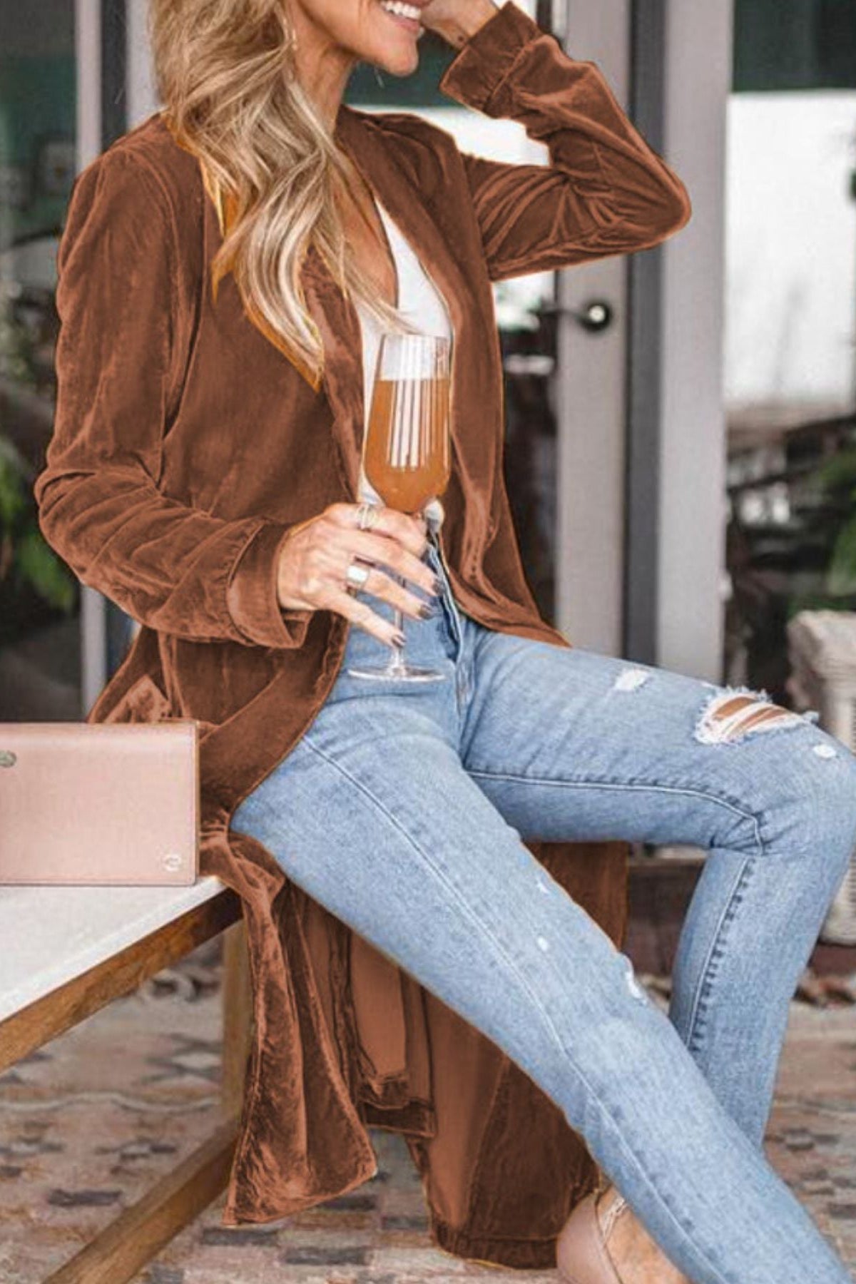 Open Front Long Sleeve Longline Cardigan Dark Brown 2