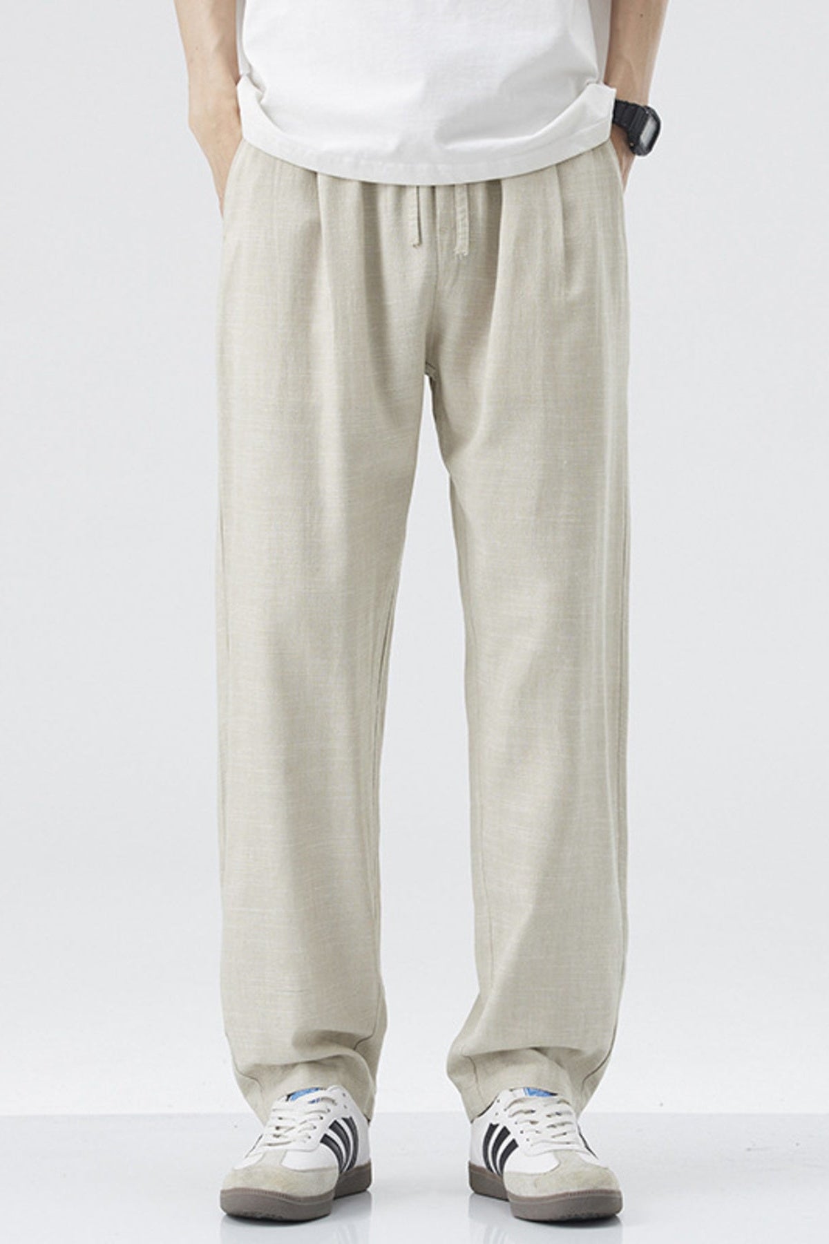 Relaxed Linen Blend Drawstring Casual Pants Apricot - Love Classic