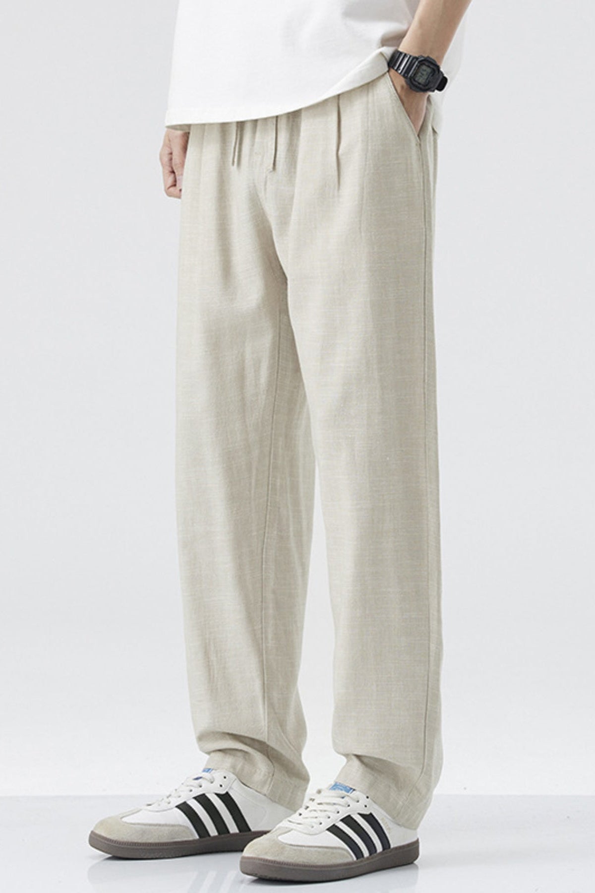 Relaxed Linen Blend Drawstring Casual Pants Apricot - Love Classic 2