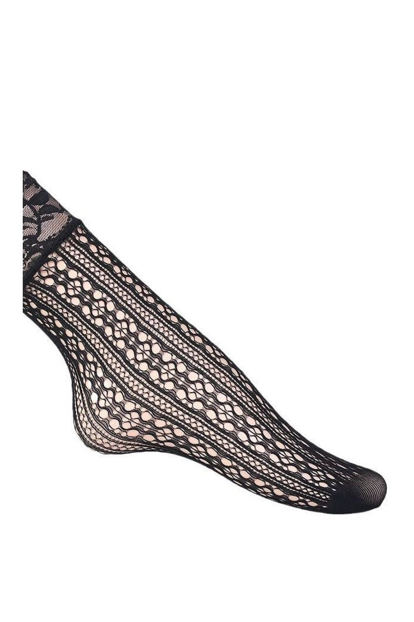 Black vertical floral lace mesh ankle socks with a scalloped lace cuff, shown on a model against a light background.