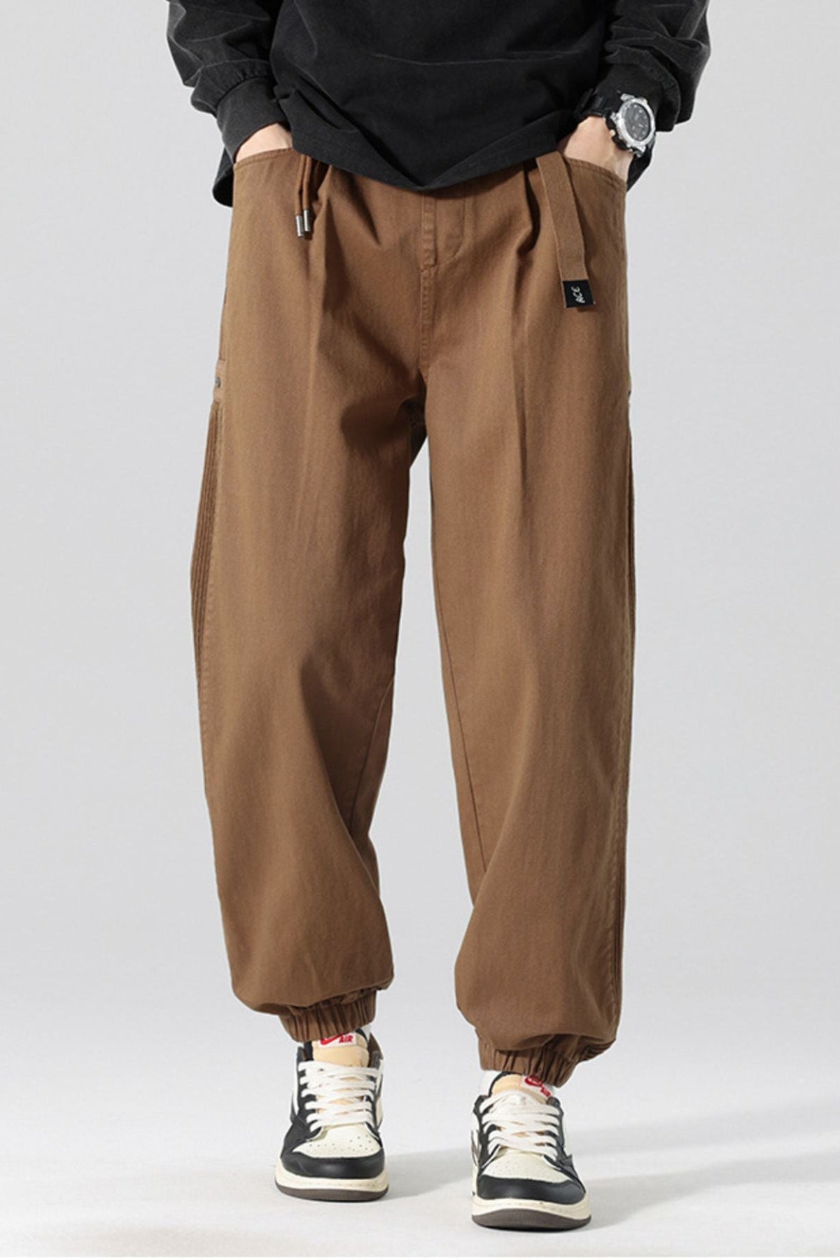 Men's Drawstring Cargo Joggers with Pockets Coffee - Love Classic