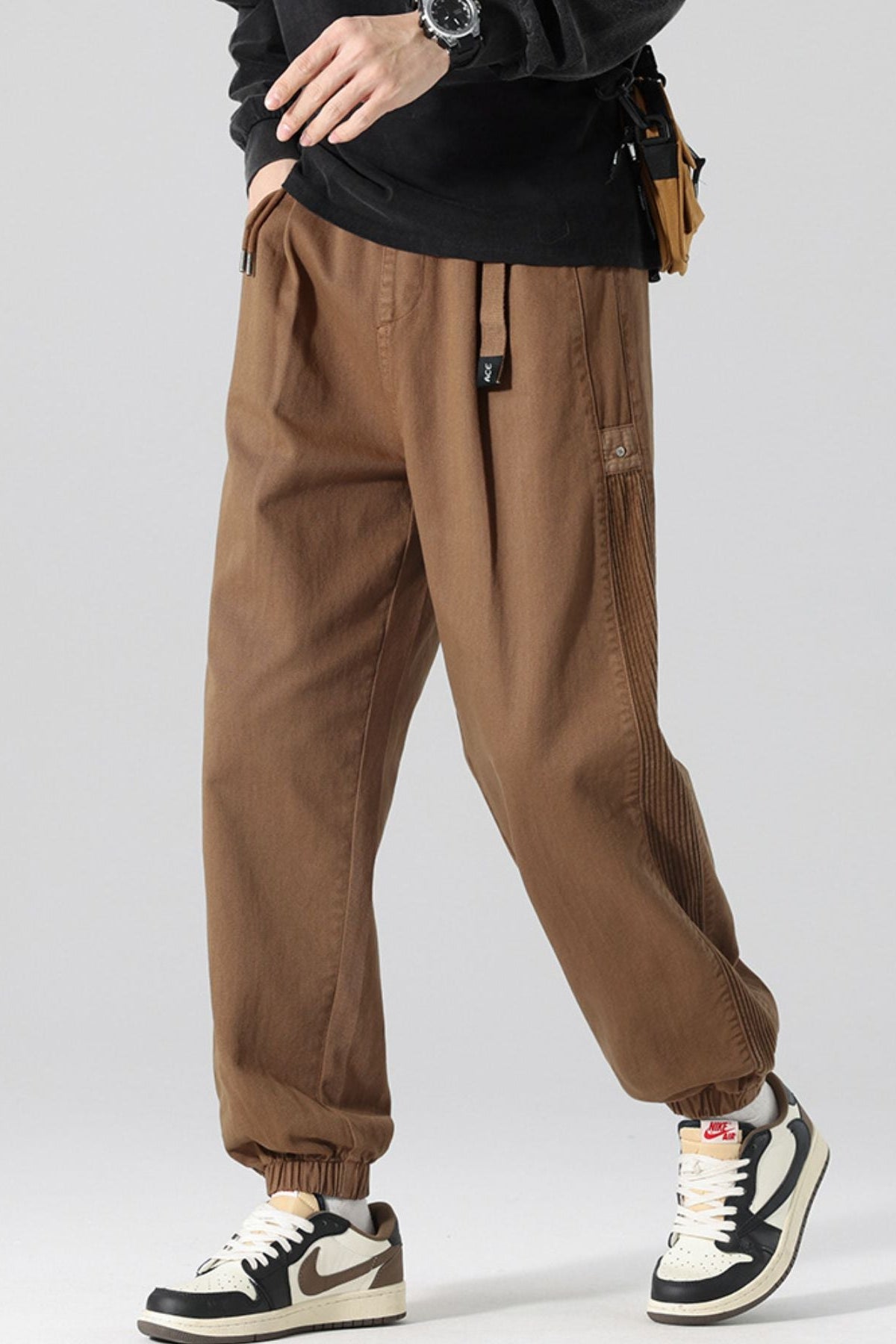 Men's Drawstring Cargo Joggers with Pockets Coffee - Love Classic 2