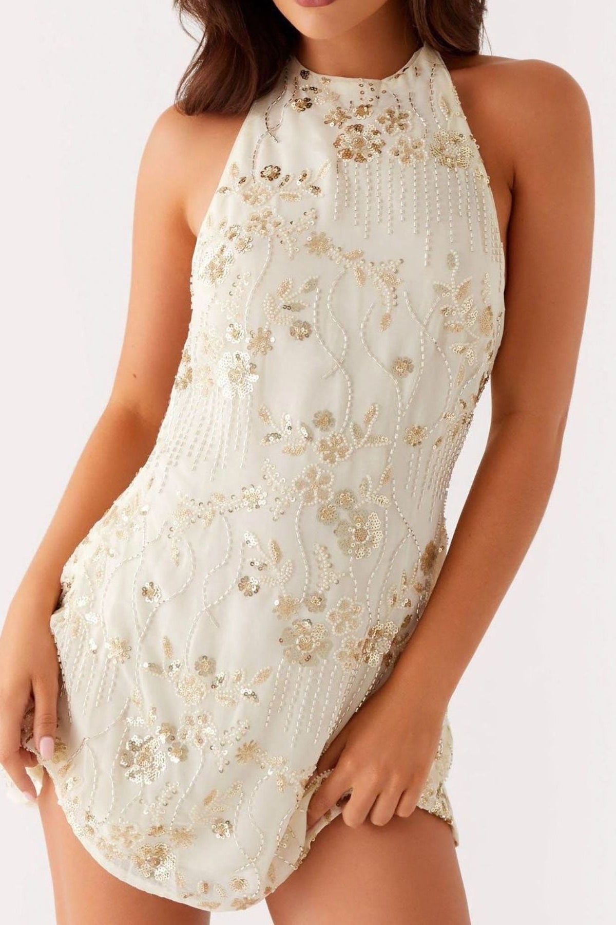 Backless Embroidered Halter Neck Mini Dress Milky White - Love Classic